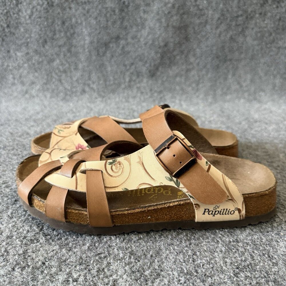 Papillio by Birkenstock Pisa Floral Sandals Brown Tan Strappy Cork Slides 7 - Picture 5 of 9